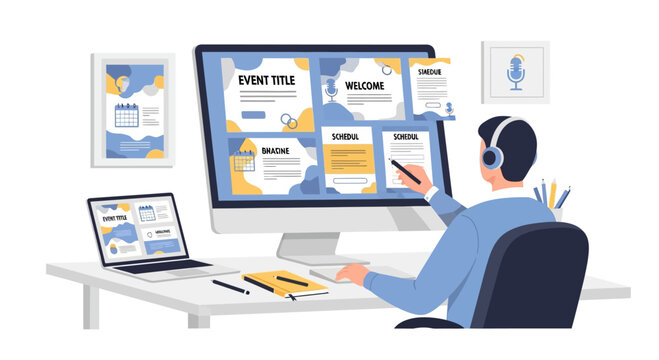 Designer creating presentation slides on computer, laptop, and tablet, online event planning