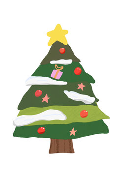Minimal doodle hand draw christmas tree with snow.