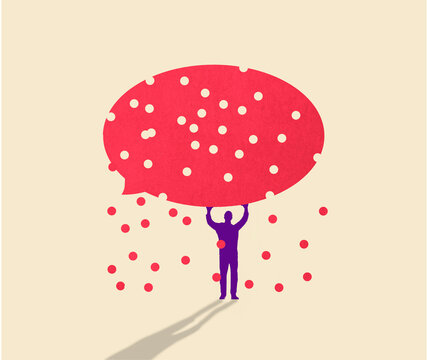 Illustration of man holding a large speech bubble symbolizing fake news