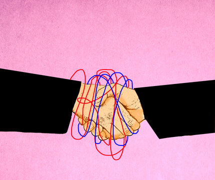 Tangled handshake representing a complex business deal