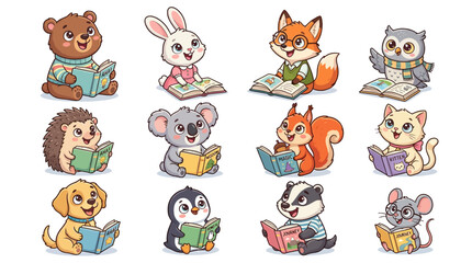 Fototapeta premium Collection of cute cartoon animals reading books in a happy learning atmosphere