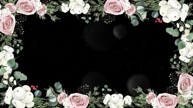 Floral border arrangement showcases soft pink roses and white berries with lush green foliage framing a central dark negative space.