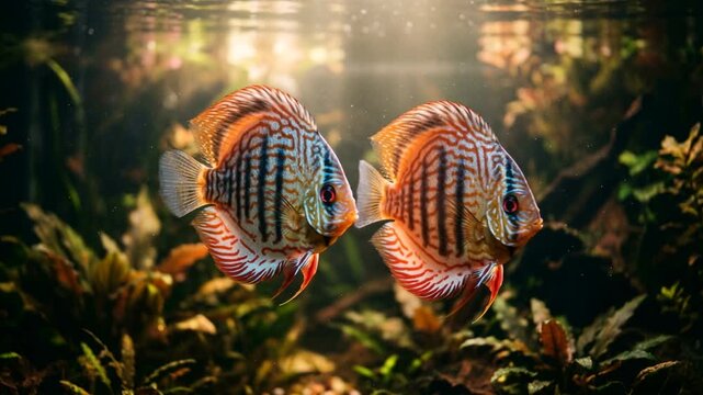 two discus fish swimming in amazon river brazil underwater morning light close up video