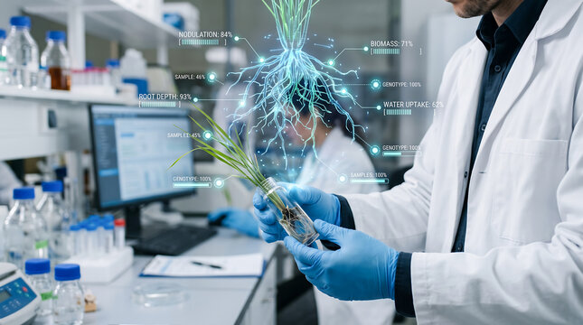 Scientific expert examining plant specimen in glass tube with genetic and water uptake hologram
