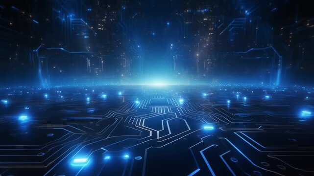 Glowing digital circuit landscape with radiant blue lights, luminous horizon, futuristic network aesthetic symbolizing technology, connectivity, and innovation.