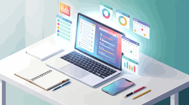 Modern office setup with laptop, smartphone, charts and task management.
