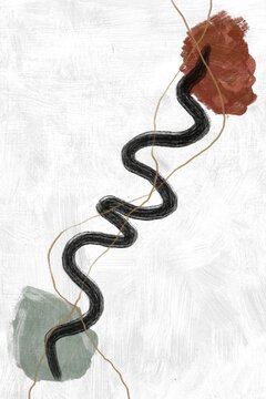Abstract minimalist painting with wavy black line and shapes