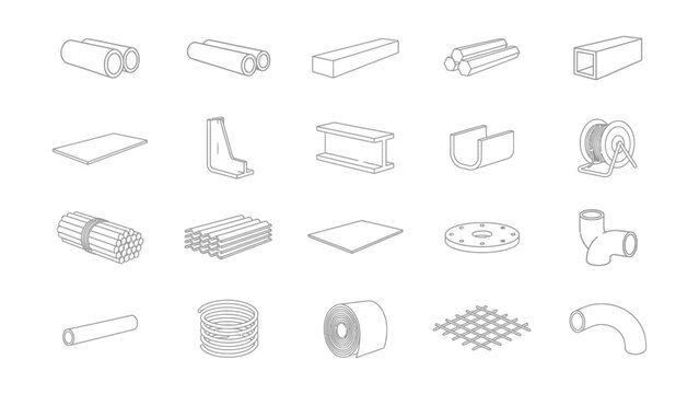 Line drawing of various industrial metal parts and tools for construction and manufacturing processes  industrial components