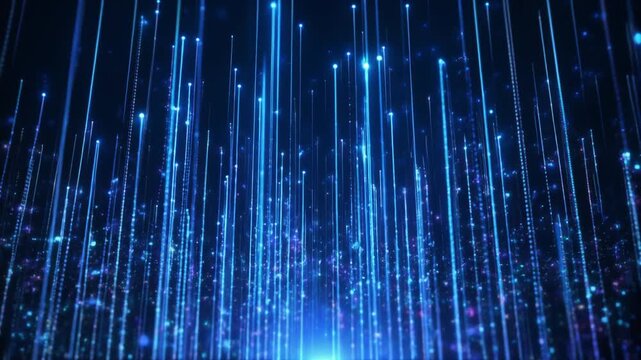 Vertical blue light streaks on dark background, glowing beams of varying intensity symbolizing futuristic energy, motion, depth, and digital flow.