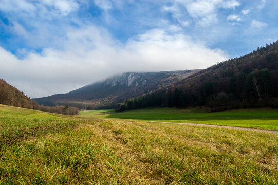 Scenic hilly meadow in Muggendorf, Austria in November