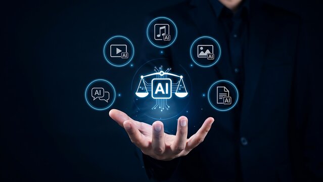 Businessman holding digital composition of AI ethics, copyright law scale, and media icons