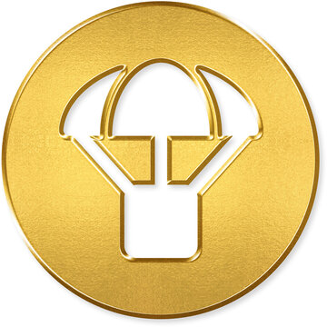 Parachute box delivery icon with gold metallic 3D coin badge for parachute box, supply drop, air delivery, rescue cargo, care package on transparent background