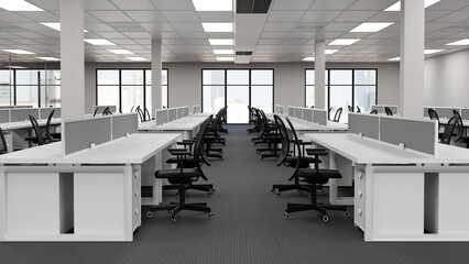 Obraz premium 3D Illustration of Modern Open Plan Office Interior with White Desks and Black Ergonomic Chairs