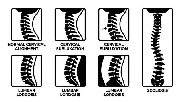 Spinal alignment conditions and scoliosis medical diagrams