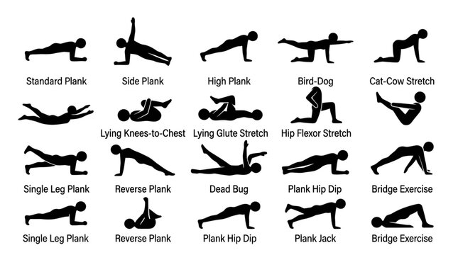 Plank variations and core strengthening exercise silhouette icons.