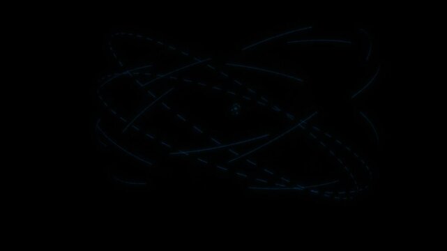 Orbiting rings spin around a central point to represent the gravitational motion of planetary bodies.