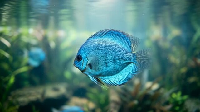 blue discus fish swimming in amazon river brazil underwater morning light close up video