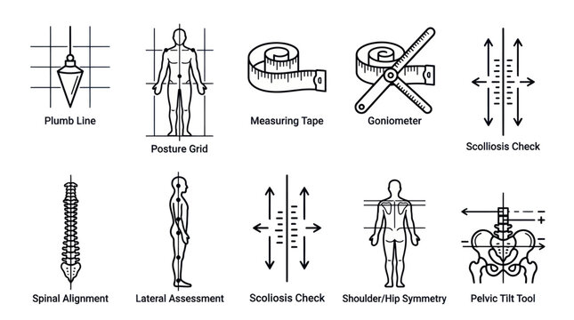 Posture assessment tools and chiropractic diagnostic icons set.