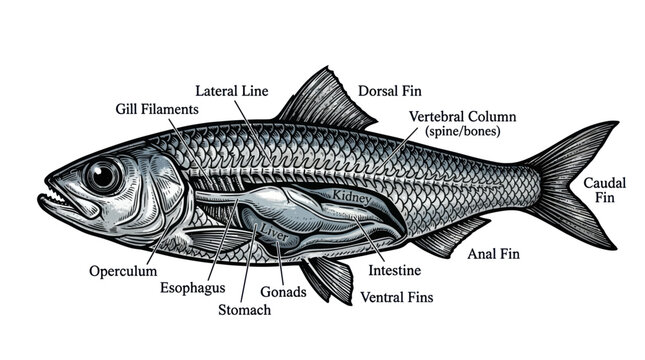 Internal anatomy of a fish showing organs and skeletal structure