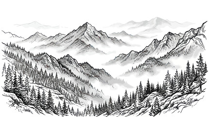 Majestic mountain range with pine forests and misty valleys © ninis
