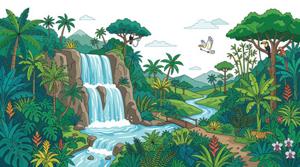 Naklejka premium Tropical rainforest landscape with waterfall and exotic animals