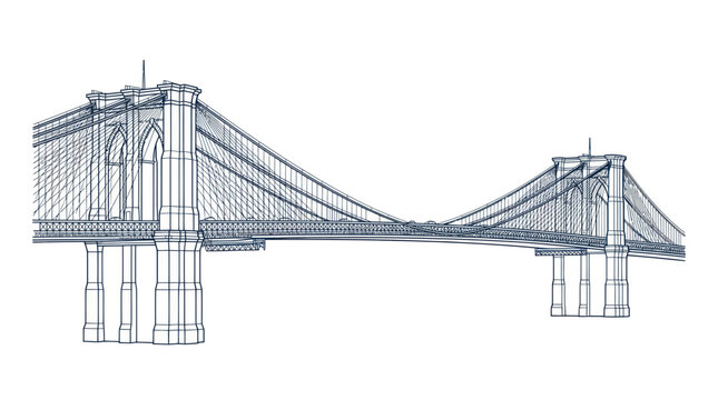 Brooklyn bridge architectural line drawing in blue ink