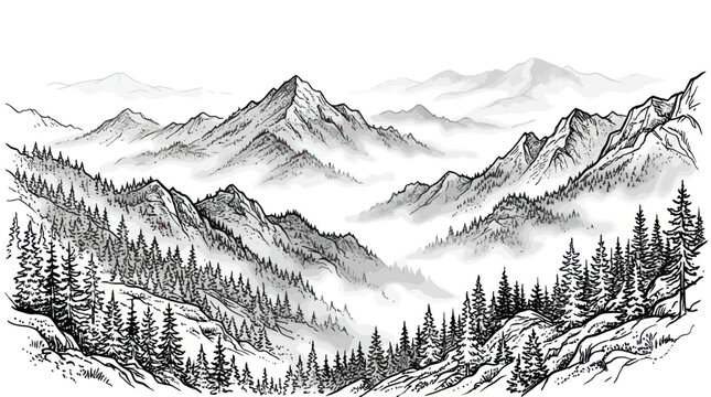 Majestic mountain range with pine forests and misty valleys