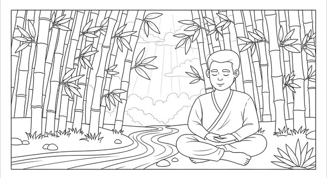 A peaceful coloring page featuring a young monk meditating in a serene bamboo forest beside a winding stream