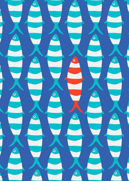 One unique red striped fish swimming among blue fish pattern