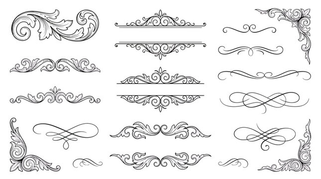 Set of vintage baroque scrolls and calligraphic flourish dividers with ornate filigree swirls on white background, illustrating wedding invitation decoration and symbolizing luxury branding