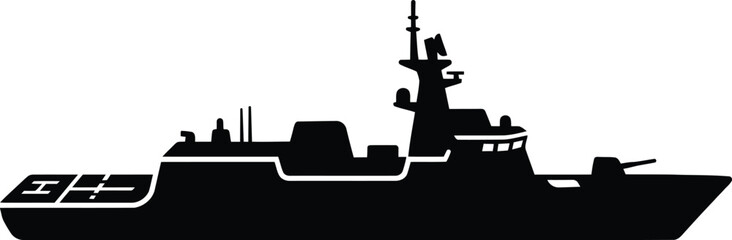 Modern Frigate Warship Silhouette Military Naval Vessel Maritime Security Defense Fleet Vector Icon © MdAriful