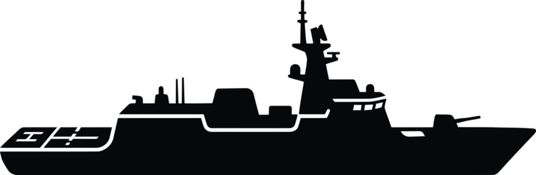 Modern Frigate Warship Silhouette Military Naval Vessel Maritime Security Defense Fleet Vector Icon
