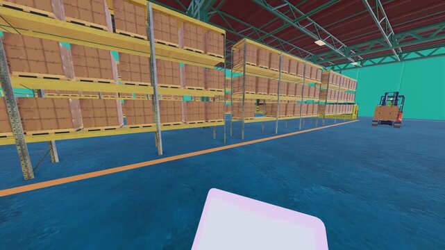 Pedestrian POV Safe Stop Forklift Transporting Pallet Cargo Warehouse