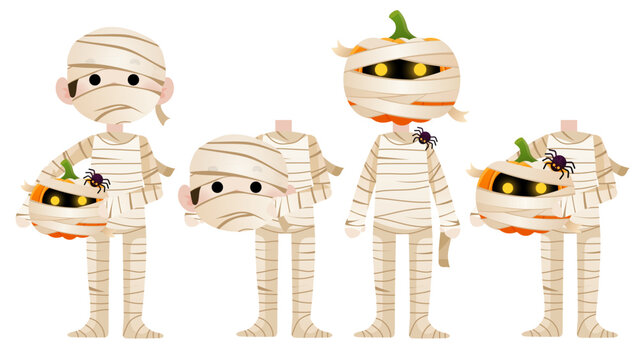 Mummy costume with pumpkin head and spider, Halloween characters wrapped in bandages, spooky festive decoration with cute scary expression