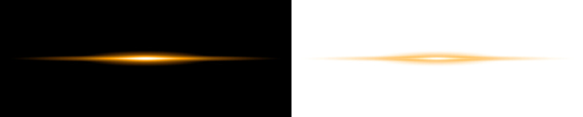 A horizontal orange light burst on transparent and black backgrounds creating glowing effect with long lens flare and bright central point. © Design_Tree1