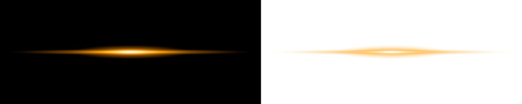 A horizontal orange light burst on transparent and black backgrounds creating glowing effect with long lens flare and bright central point.