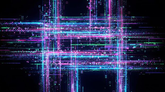 Intersecting glowing lines and geometric shapes forming a computer network Representing global connection and modern technology.