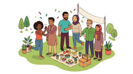 Fototapeta premium Diverse Friends Celebrating Together at Cheerful Outdoor Picnic with Food Confetti and Blank Banner for Invitation