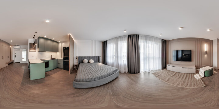 hdri 360 panorama view in bedroom with kitchen in luxury elite vip studio hotel in full in equirectangular spherical projection, skybox VR AR content