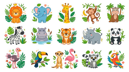 Cute safari animals and tropical jungle wildlife set © nisol