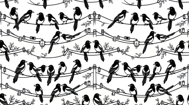 Magpies sitting on utility lines in a seamless monochromatic pattern