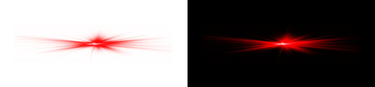 Red light streak flare isolated on transparent background for digital special effects design element overlay graphic asset with glowing star burst rays.