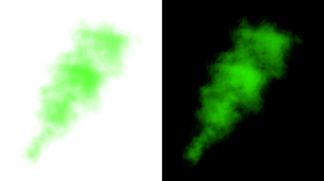 Vibrant green smoke plume on transparent and black background for visual effects and overlay design elements isolated smoke cloud texture graphic.