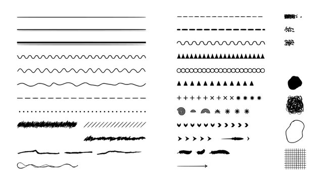 Line Pattern Set with Hand-Drawn Black and White Strokes, Arrows, Borders, and Decorative Ornaments on White Background