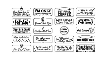Naklejka premium Coffee Quote Collection Typography Icons on Vintage Paper Style Badges for Cafe Branding and Menu Design Inspiration