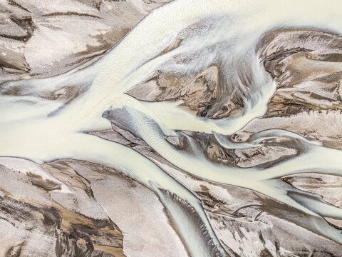 Aerial view of a braided glacial river in Iceland