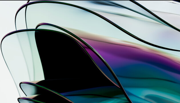 Abstract 3D rendering of iridescent glossy curved glass waves
