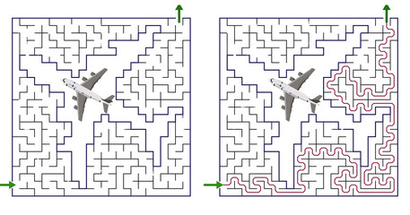Fototapeta premium Educational Games for Kids Maze with a Solution, Maze with a Plane for Kids 4-7 Years Old 