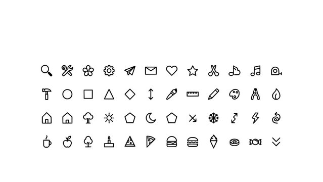 Icon Collection of Simple Black and White Symbols Arranged in Neat Rows for Interface Design and Education