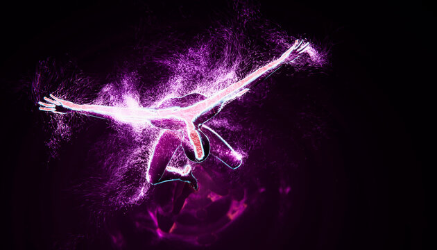 Abstract glowing human figure jumping with dynamic energy